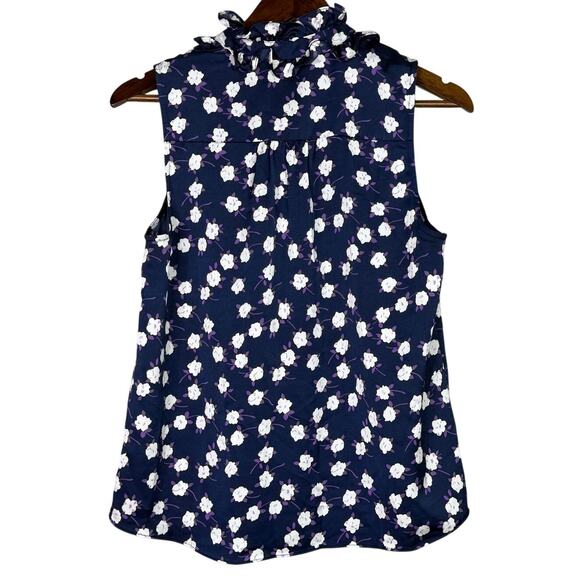 J. Crew Liberty Ruffle Neck Scattered Peony Print Sleeveless VNeck S Blue Purple - Picture 6 of 15